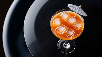 Cocktail with orange and ice on dark background top view