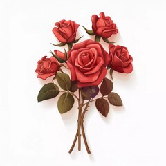 3d vector rose bouquet icon. Bunch of red flowers in cartoon style illustration, isolated on white background