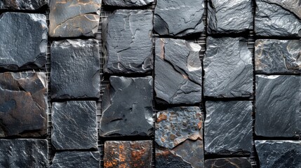   A tight shot of a stone wall, composed of diverse slate blocks in assorted sizes and hues The wall's texture is adorned with intricate patterns of rust