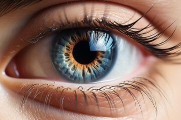 Close up of female blue eye. Macro shot of human eye