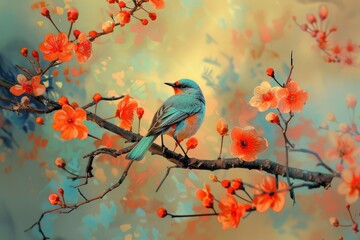 Beautiful bird on flowering branch.