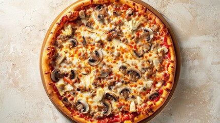 Rustic deep-dish pizza, bubbling with cheese, mushrooms, and artichokes, showcased on a simple beige background, top view
