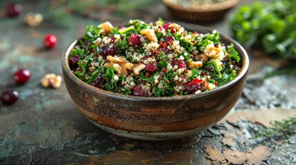 Rustic bowl of kale and quinoa salad, adorned with cranberries and walnuts, studio lighting highlighting the textures, for lifestyle magazines