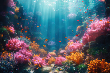  A vibrant coral reef teeming with colorful fish and sea plants. Created with Ai