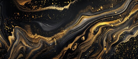 Black and gold abstract background with a liquid marble texture