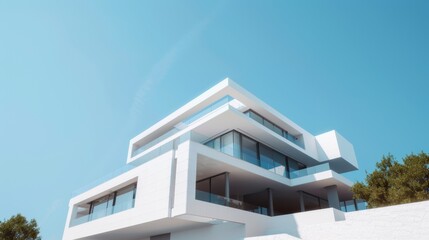 Beautiful contemporary white house with lush grass and blue sky twilight and daylight