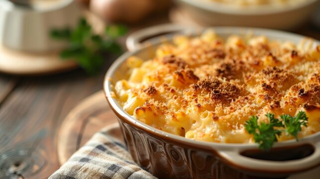 Rich and creamy homemade macaroni and cheese, prepared with love using a family recipe, photographed in a studio setting for a comfort food feature
