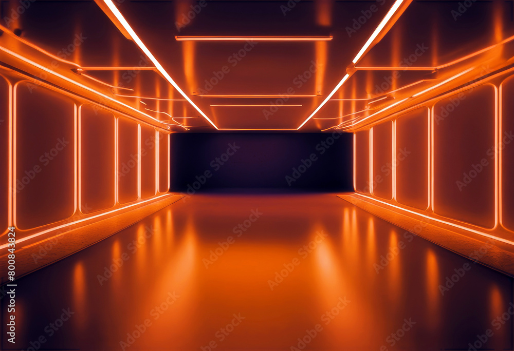 Poster '3d render neon violet light illuminated corridor tunnel empty space ultraviolet 80's retro style fa