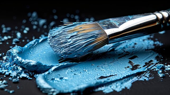   A tight shot of a paintbrush above a black canvas, dotted with blue paint droplets