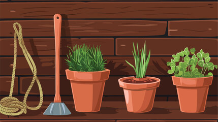 Pots with plant rake and rope on wooden background Vector