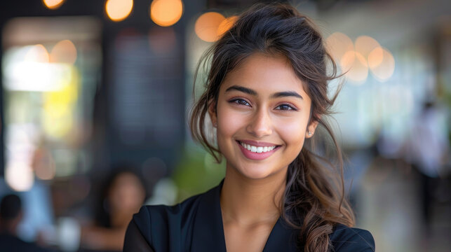 Happy Indian businesswoman in stylish semi-formal wear smiling confidently in blurry modern office