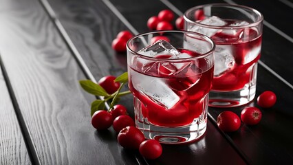 Cold vodka with red berry juice in two glasses with fresh berries around on the b lack wooden background selective focus