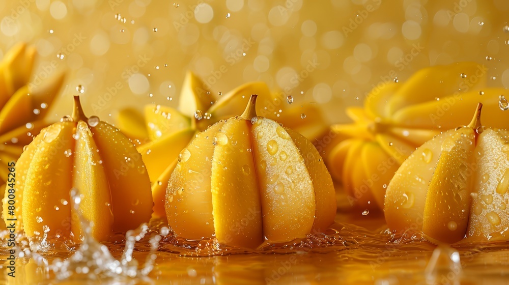 Poster a group of oranges atop one table, adjacent is a pile of oranges on another table