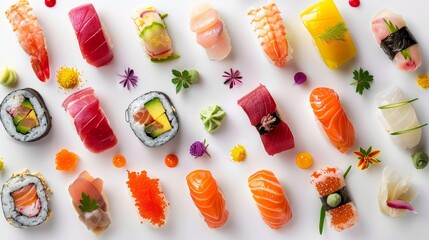 Overhead shot of colorful sushi variety, artfully arranged sushi rolls, sashimi, nigiri, vibrant fresh fish, sticky rice, seaweed, accented with pickled ginger, wasabi, isolated white background