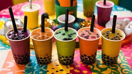 Fototapeta premium A row of colorful bubble tea take away cups on a table