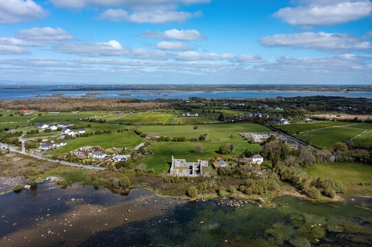 Wide angle  aerial view of Annaghdown and Lough Corrib.  Galway, Ireland
