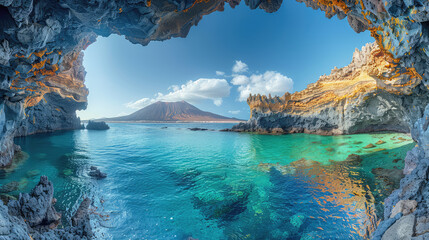  Beautiful seascape photography of the blue sea and rocks seen from inside an ancient cave, panoramic view. Created with Ai