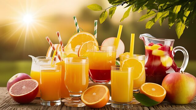 Glasses of juices refreshments and summer drinks