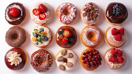 Overhead shot of an array of gourmet donuts, each with unique toppings, displayed against a stark white background, precise studio lighting
