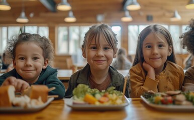 Happy Multiethnic children eating healthy food at a school. Generate AI image