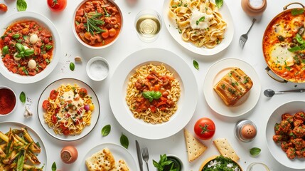 Overhead capture of a global taste test with Italian carbonara, Mexican enchiladas, and Indian curries, each dish vividly presented against a clean, white canvas, perfect studio lighting