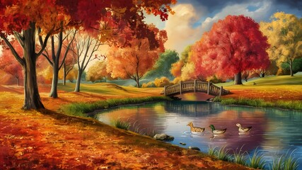 Beautiful autumn landscape with. Colorful foliage in the park. Falling leaves natural
