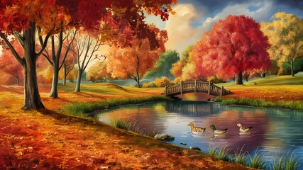 Obraz premium Beautiful autumn landscape with. Colorful foliage in the park. Falling leaves natural