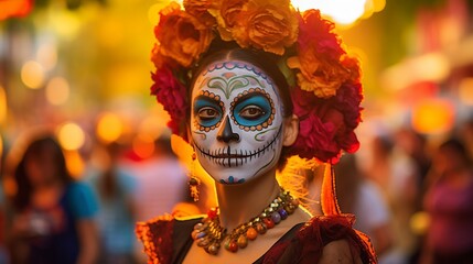 Vibrant Portrait of Woman in Day of the Dead Makeup, Colorful Street Festival Background
