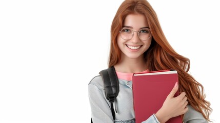 Naklejka premium Smiling European female student with textbooks in her hands on a white background. Training and education, student life.
