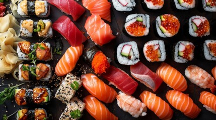Luxurious sushi feast, overhead perspective, mixed sushi rolls, sashimi, nigiri, fresh ocean catch, rice, seaweed, with condiments, against a stark background, studio lighting