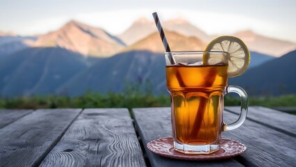 Glass of ice tea on a wooden table with mountains in the background