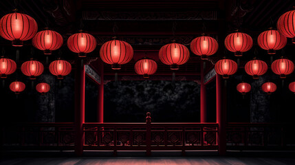 Chinese house interior with red lanterns hung from the ceiling in line interior decoration
