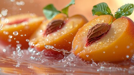   A collection of peach slices atop a wet table, gently splashing against one another