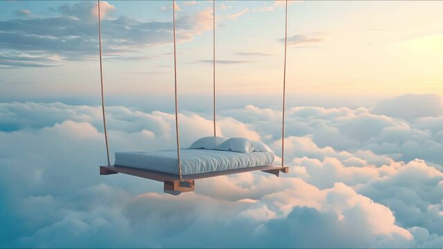 Surreal image of a bed suspended in light vanilla clouds, capturing the essence of peaceful dreaming
