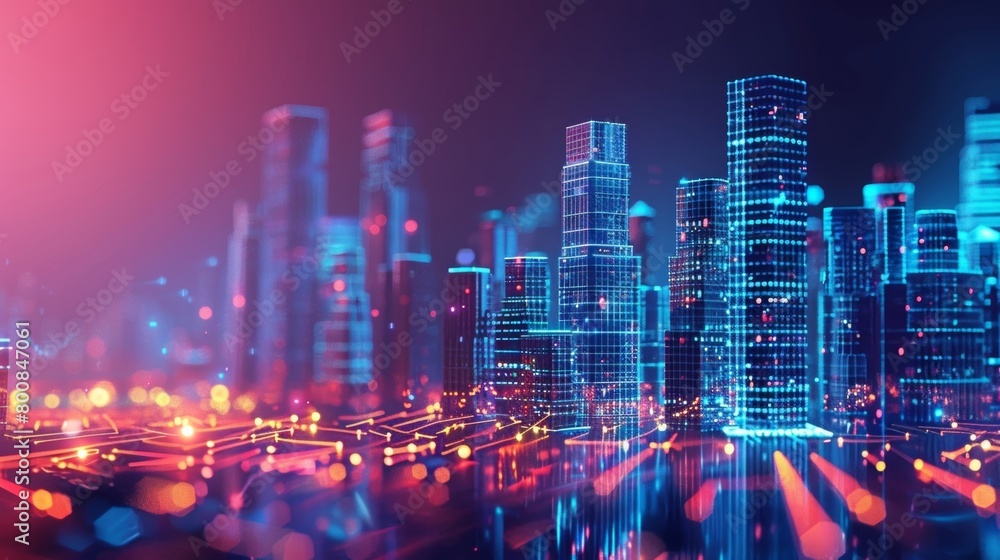 Poster a digital landscape with towering buildings made of nodes and a vibrant city skyline showcasing the 