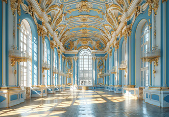 Interior of the Petergof palace in St Petersburg, interior design, blue and white walls with golden ornaments. Created with Ai