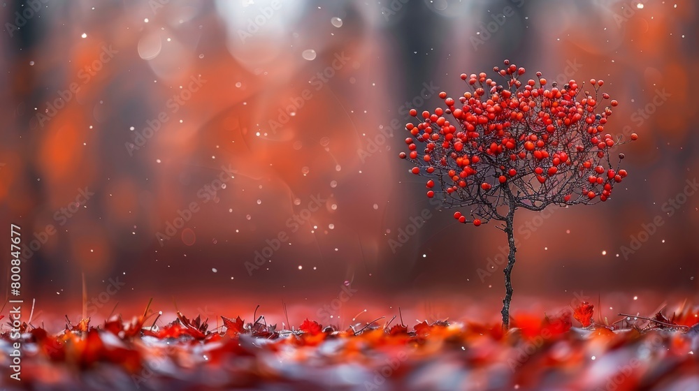 Poster a small red-berried tree in a field, surrounded by fallen leaves, and a hazy backdrop