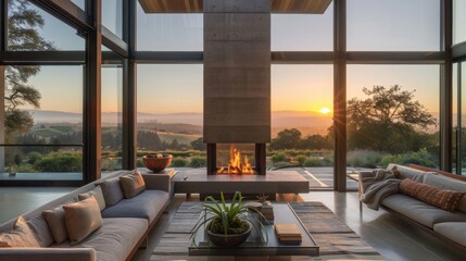 Naklejka premium A contemporary fireplace is perfectly positioned to take in the sunrise over the distant rolling hills framed by expansive windows. 2d flat cartoon.