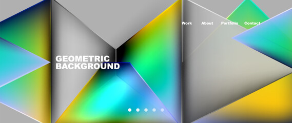 Colorful triangles in electric blue, azure, and tints and shades create a geometric background on a gray material property. Circles and rectangles enhance the dynamic product design