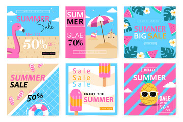 Fototapeta premium Vertical social media summer stories geometric design templates with copy space for text. Summer backgrounds for banner, greeting card, summer beach poster and advertising - summer fun concept