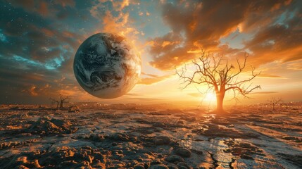 planet earth in arid land, there are dead trees and living creatures, global warming concept