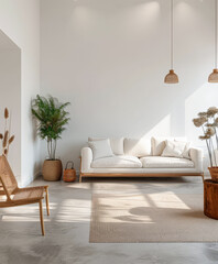 Minimalist modern home interiors with natural accents. Interior design living room composition.