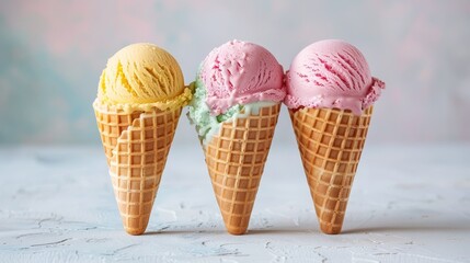 Italian gelato trio in crisp waffle cones, standing upright, bright pastel colors against a light backdrop