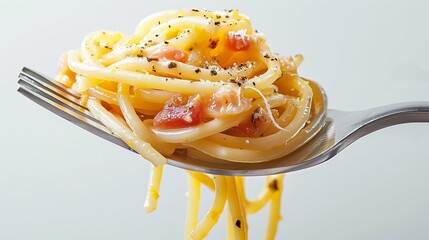 Italian cuisine feature, spaghetti carbonara on a fork, close-up, with isolated background and studio lighting