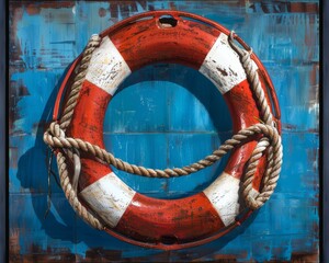 A painting of a life preserver ring hanging on a blue background.