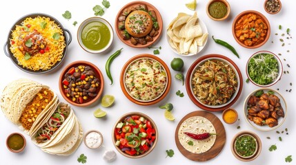 Fototapeta na wymiar International cuisine top view, featuring a delectable spread of Italian pasta, Mexican tacos, and Indian biryanis, each dish isolated on a pure white background, lit with professional studio lights