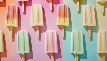 A pattern of colorful popsicles on a pastel background.
