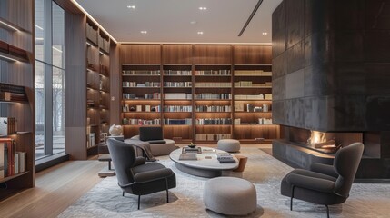 Naklejka premium The modern design of the fireplace perfectly complements the sleek minimalist aesthetic of the library. 2d flat cartoon.