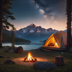 camping in the mountains at sunset