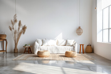 Minimalist modern home interiors with natural accents. Interior design living room composition.